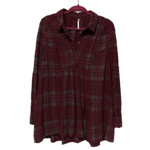 Free People Size Large Burgundy Red Flannel Yoko Plaid Tunic Shirt Mini-Dress